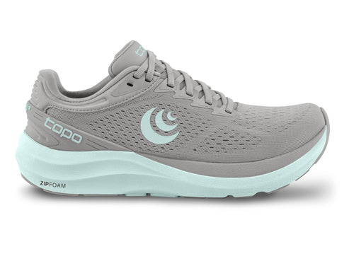 Grey running shoe with mint green sole and logo.