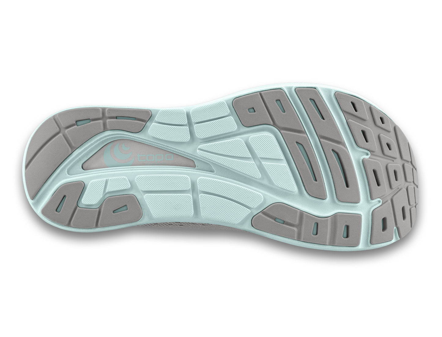 Shoe outsole: light blue with gray rubber segments.