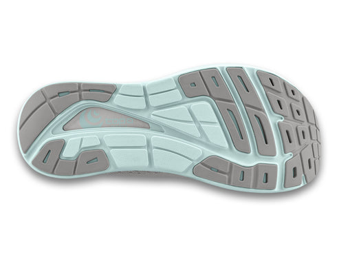 Shoe outsole: light blue with gray rubber segments.