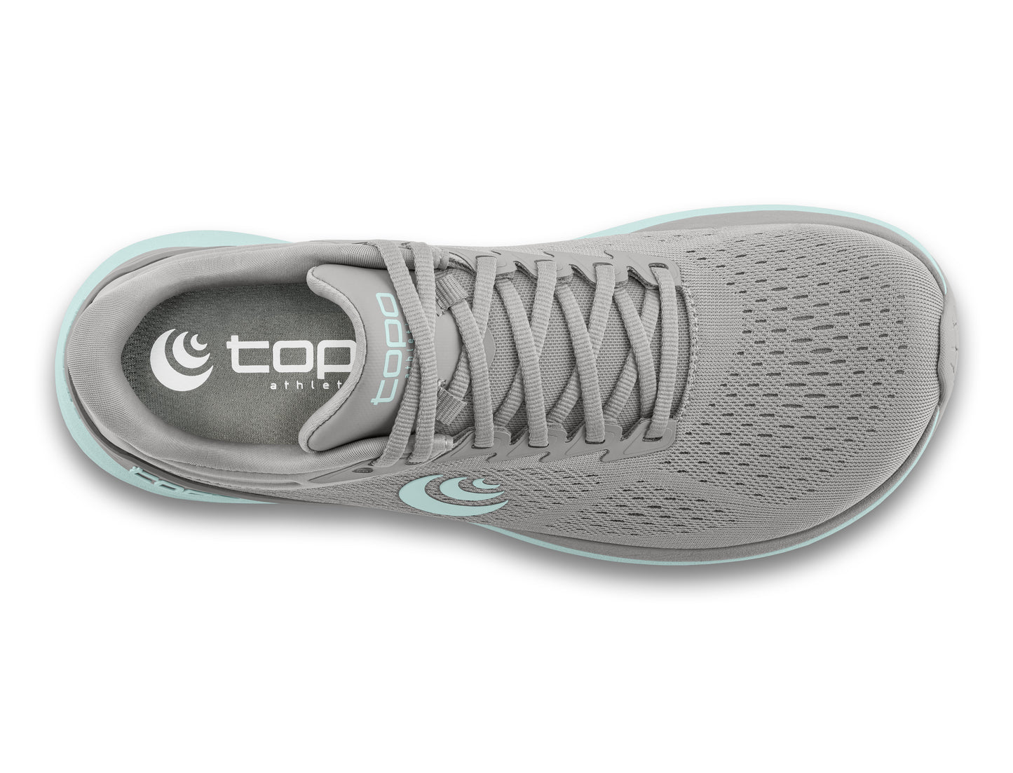 Overhead shot of a gray running shoe with light blue trim, featuring laces and the word "topo" on its tongue.