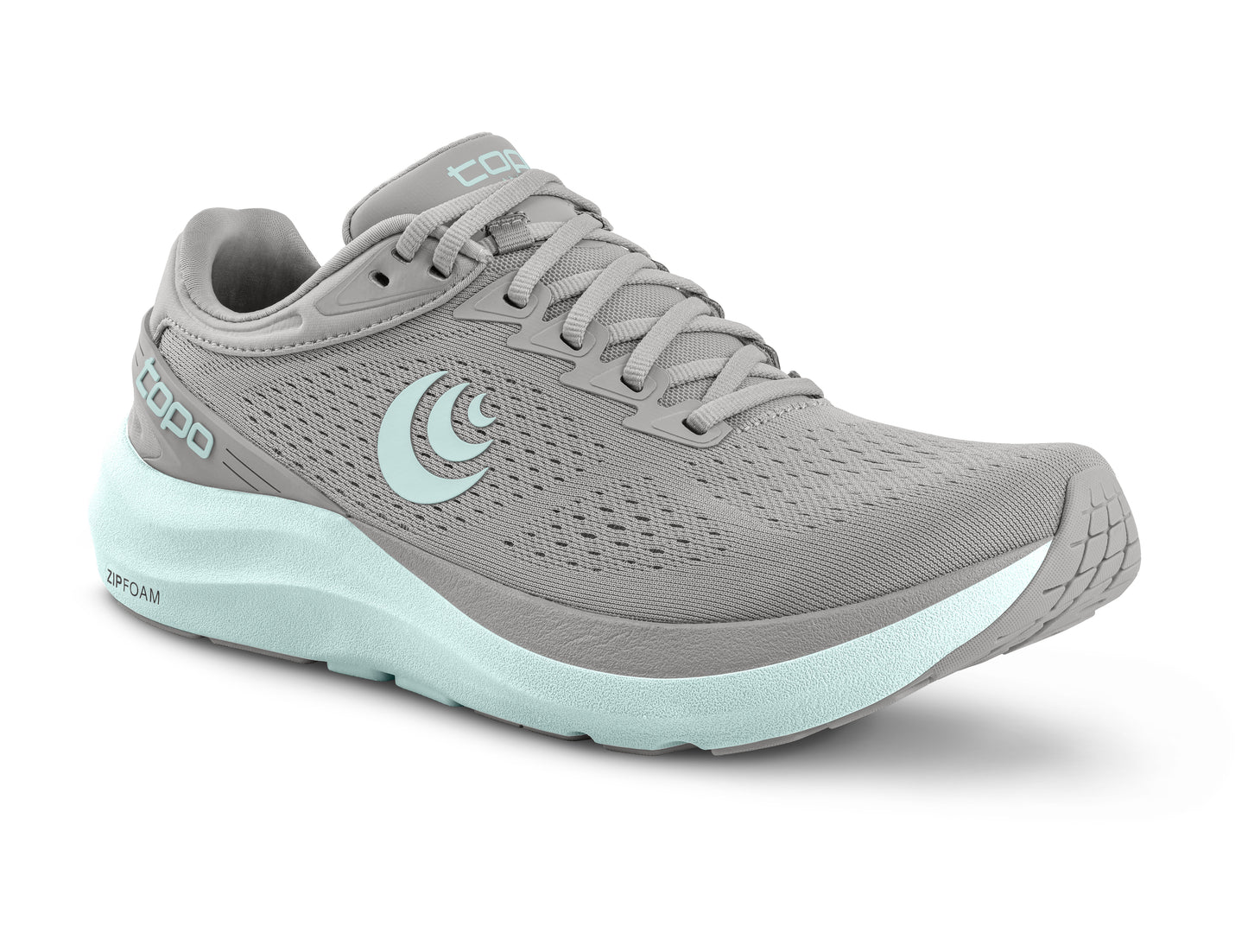 Light gray running shoe with breathable upper and light blue sole.