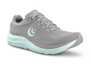 Light gray running shoe with breathable upper and light blue sole.
