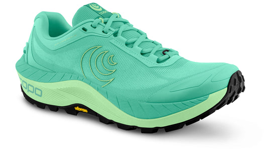 Mint green athletic shoe with black tread and logo on side.