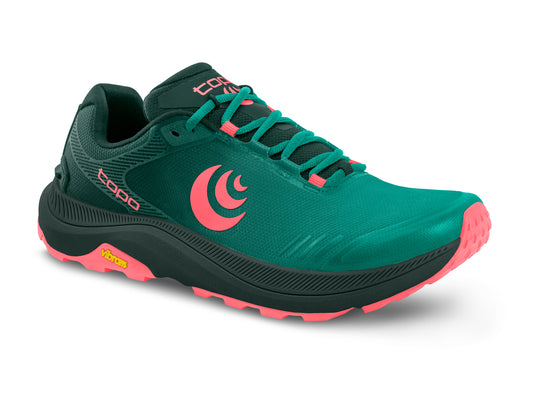 Green and coral colored athletic shoe with black sole.