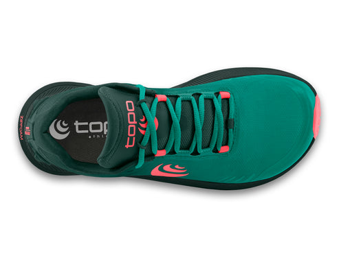 Overhead view of a green running shoe with pink laces and logo.