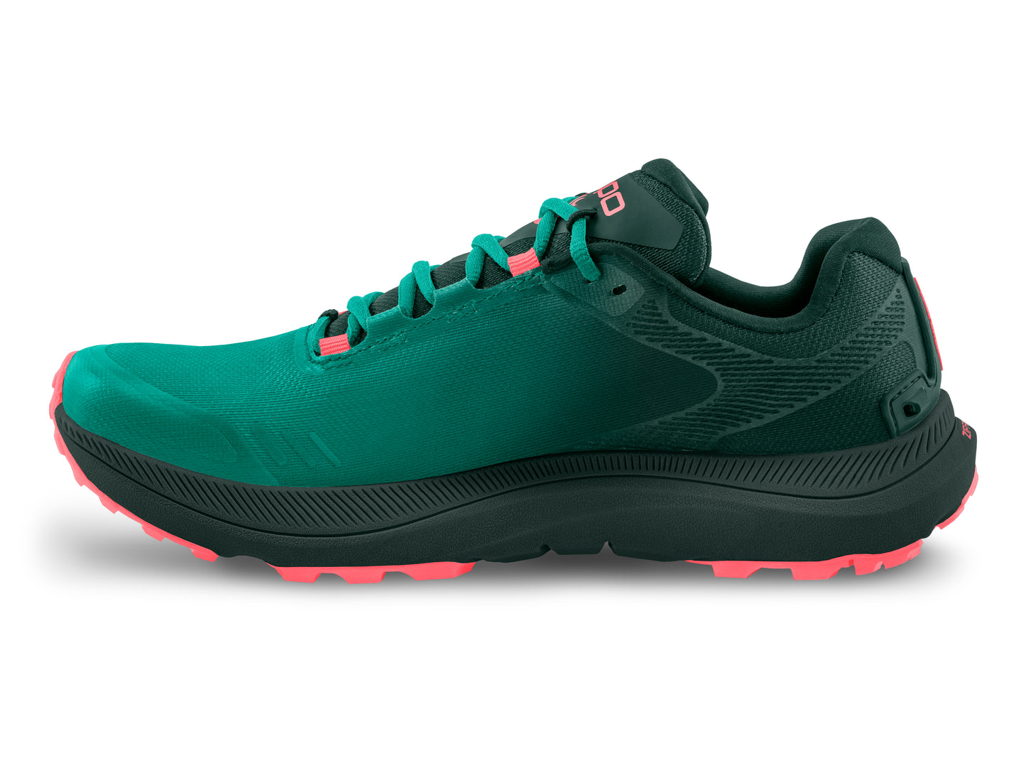 A running shoe that is green with a black sole and coral accenting.