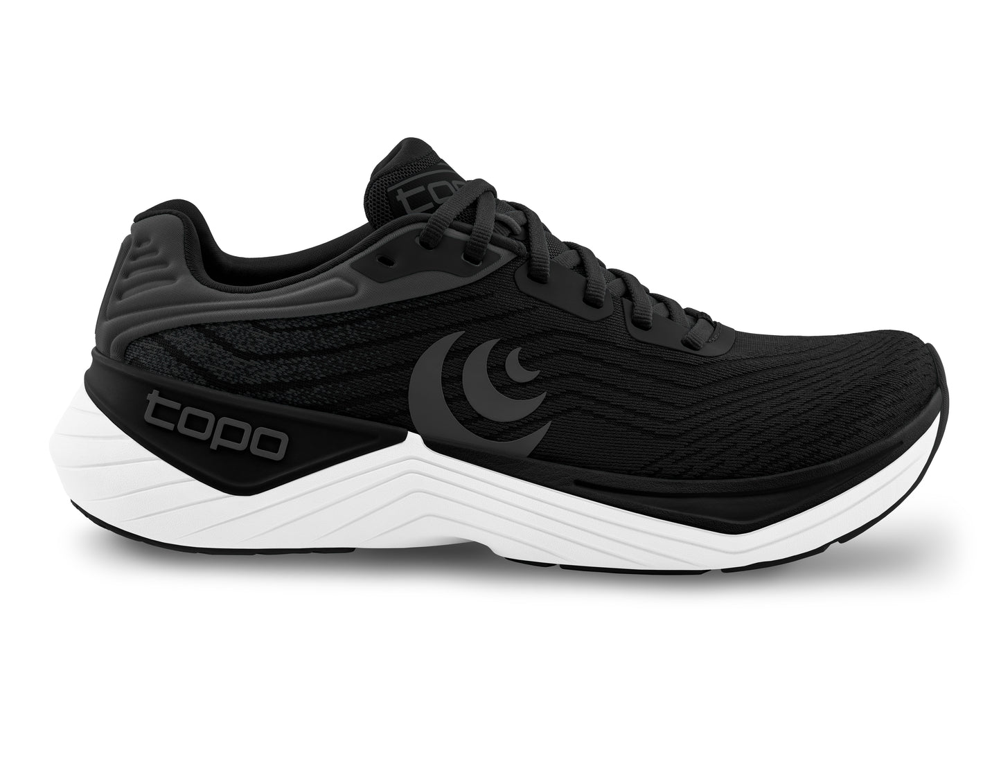 A black running shoe with a white sole and topo logo.