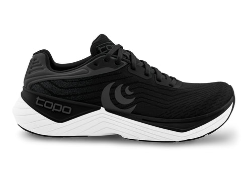 A black running shoe with a white sole and topo logo.