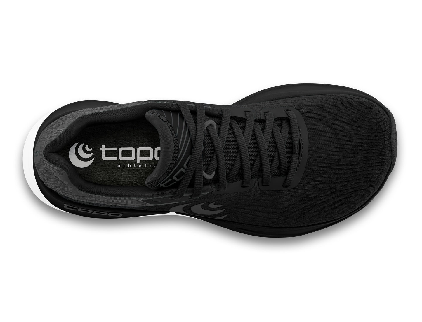 Black athletic shoe seen from above showing laces and the text "topo athletic".
