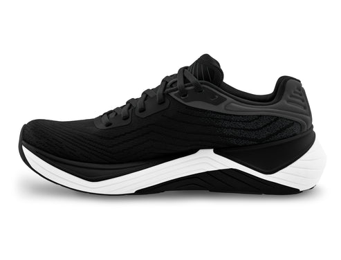Black athletic shoe with white sole.