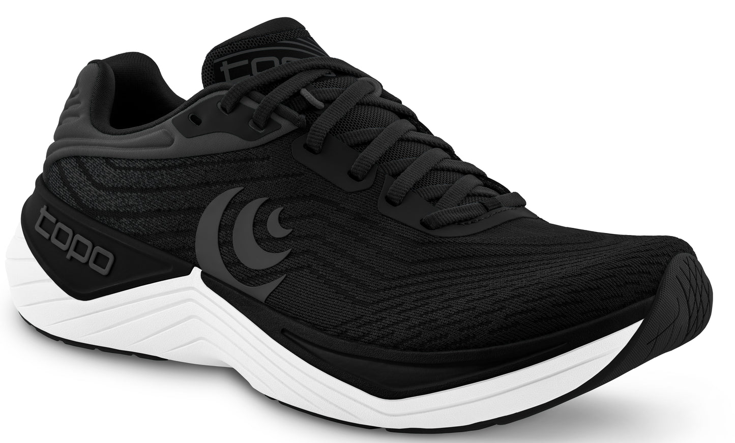 Black running shoe with white sole and "Topo" text on side.