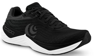 Black running shoe with white sole and "Topo" text on side.