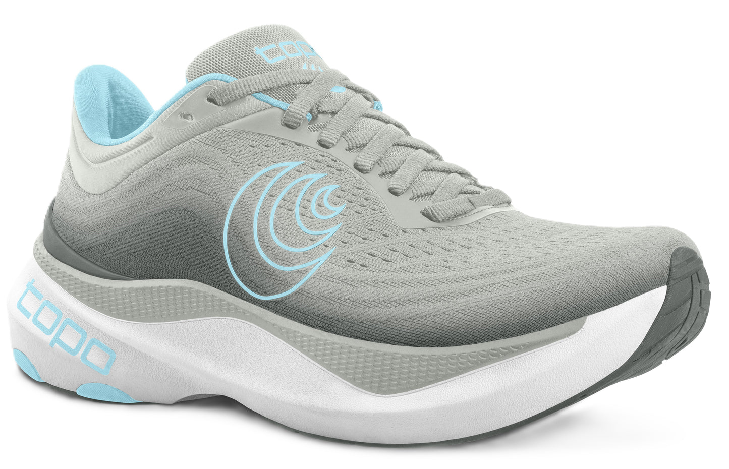 Gray running shoe with a white sole and blue accents.