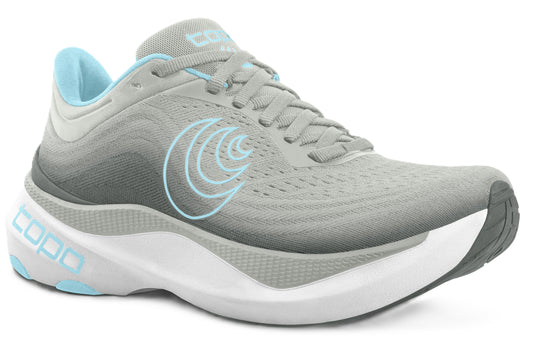 Gray running shoe with a white sole and blue accents.