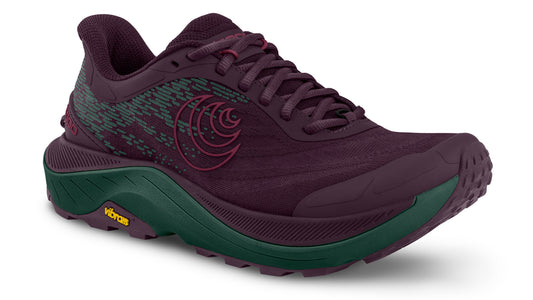 A purple running shoe with a dark green sole.