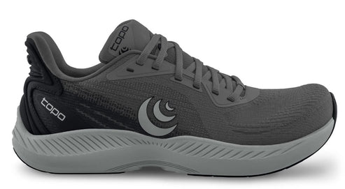 A gray running shoe with black heel support.