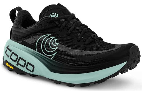 A black running shoe with a seafoam green sole and black laces.