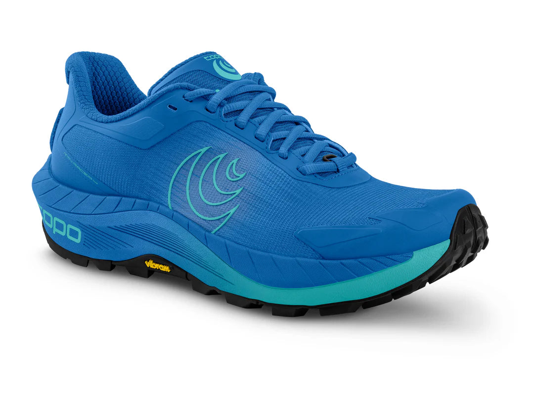 Blue running shoe with black sole and light blue design on side.