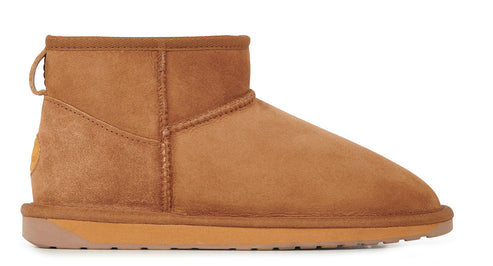 Short brown suede boot with tan sole and pull tab.