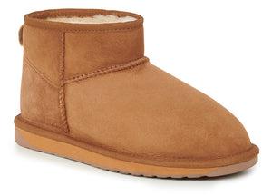 Brown suede ankle boot with a round toe and a flat sole.