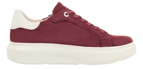 burgundy sneaker with a white sole and heel accent