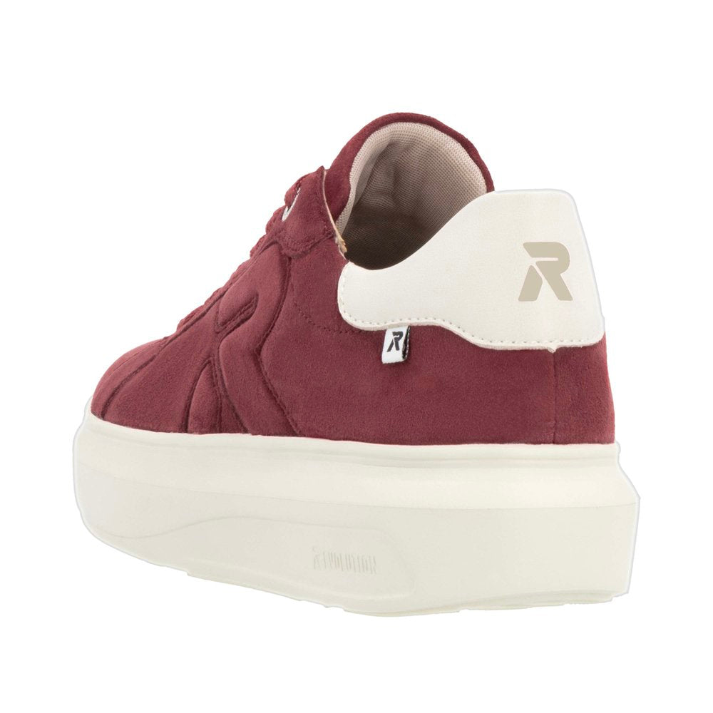 Maroon sneaker with thick, off-white sole and heel, featuring a small logo on the heel.
