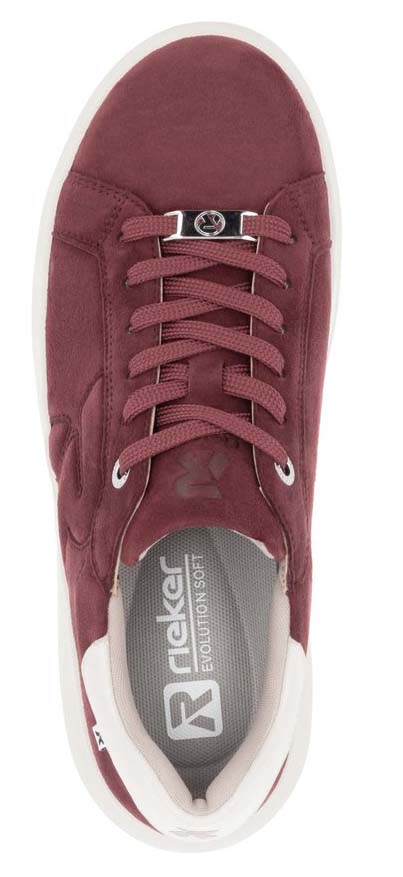 A maroon sneaker with a white sole, laces, and interior.