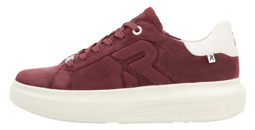Burgundy sneaker with white sole and heel.