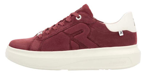 Burgundy sneaker with white sole and heel.