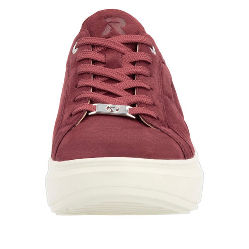 Burgundy low-top sneaker with laces and a thick white sole.