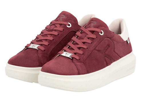 Pair of burgundy sneakers with white platform soles and white accents, laces tied.