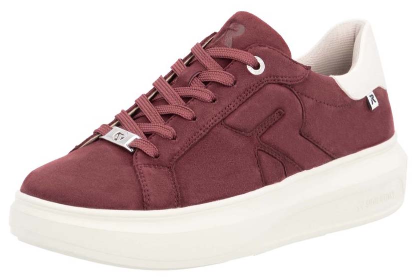 Maroon sneaker with white platform sole and heel, and maroon laces.