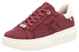 Maroon sneaker with white platform sole and heel, and maroon laces.