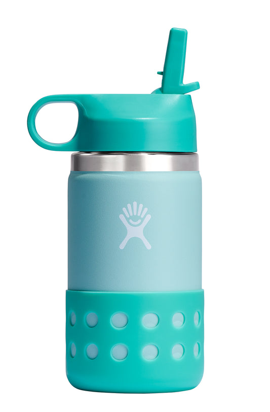 Aqua-colored water bottle with a straw lid and a protective silicone sleeve with circular cutouts.