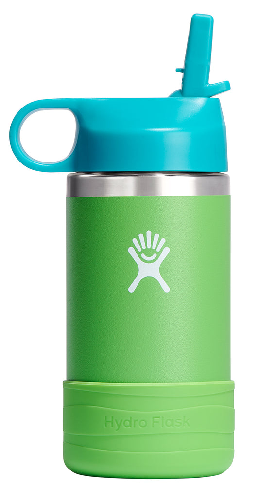 Green water bottle with blue lid and straw.
