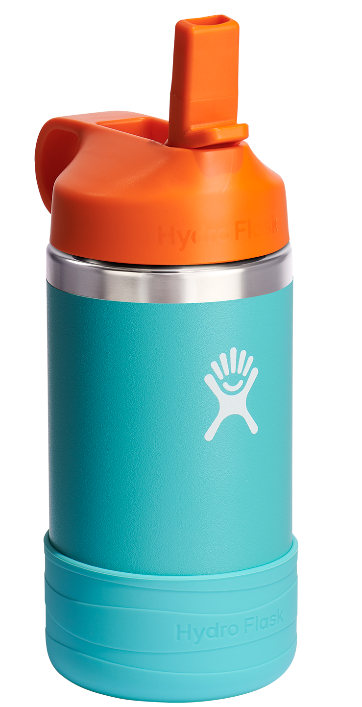 Aqua water bottle with orange cap and white logo.