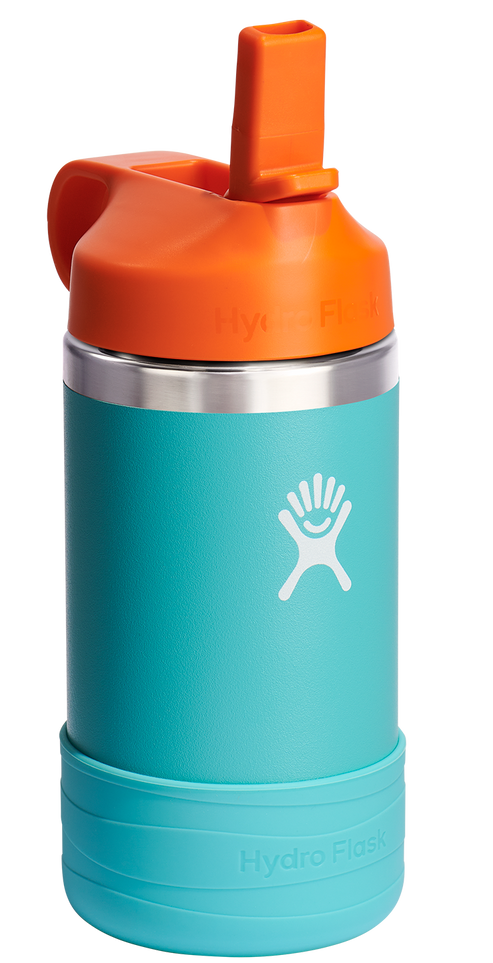 Aqua water bottle with orange cap and white logo.