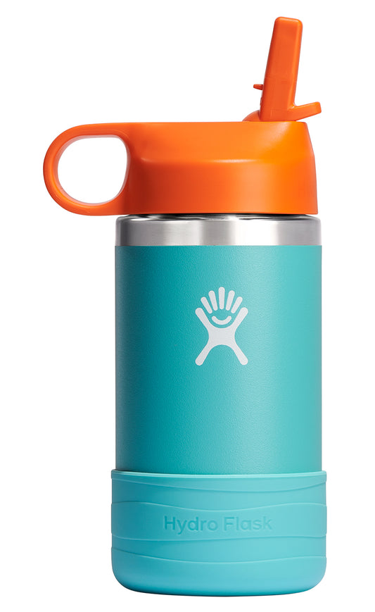 Teal stainless steel bottle with an orange lid and straw, features a smiling face logo, and blue removable sleeve.
