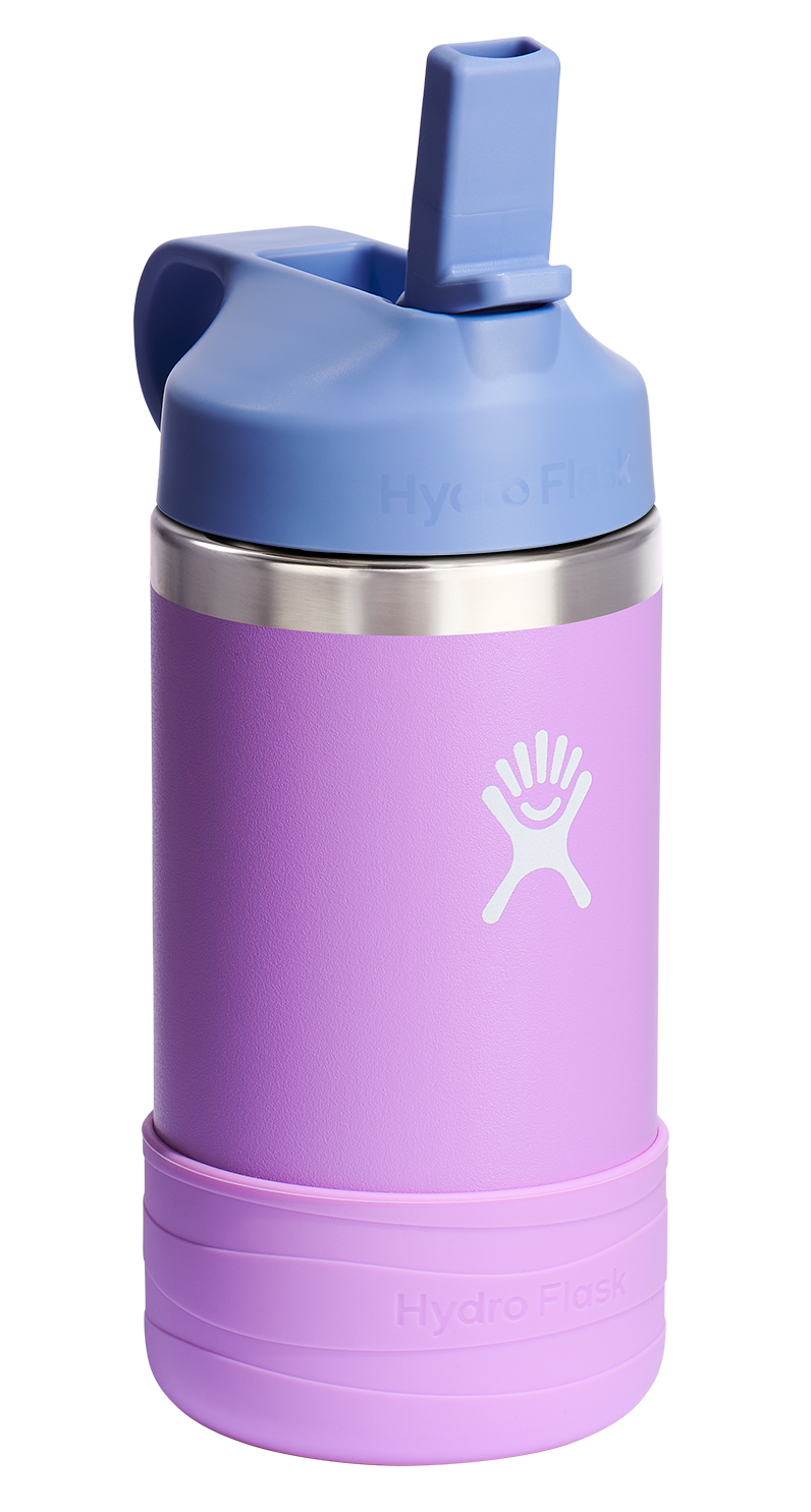 Purple insulated water bottle with a light blue lid and straw, and a purple protective boot.