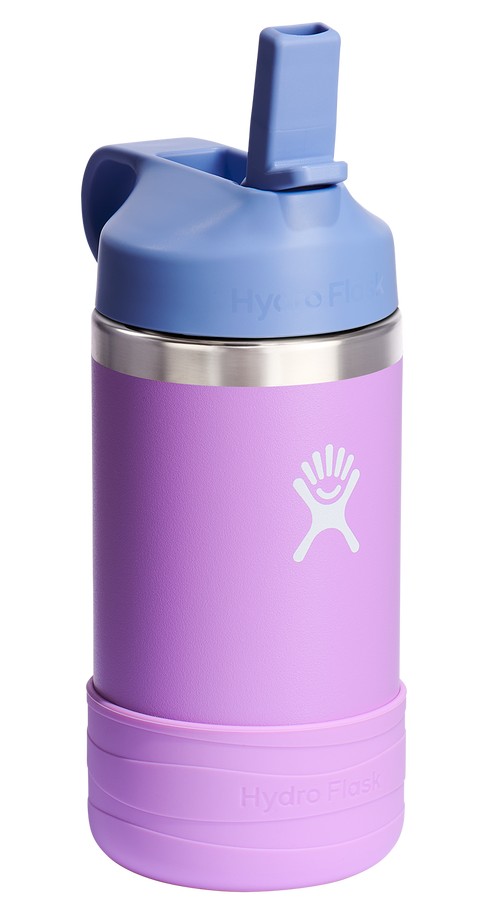 Purple insulated water bottle with a light blue lid and straw, and a purple protective boot.