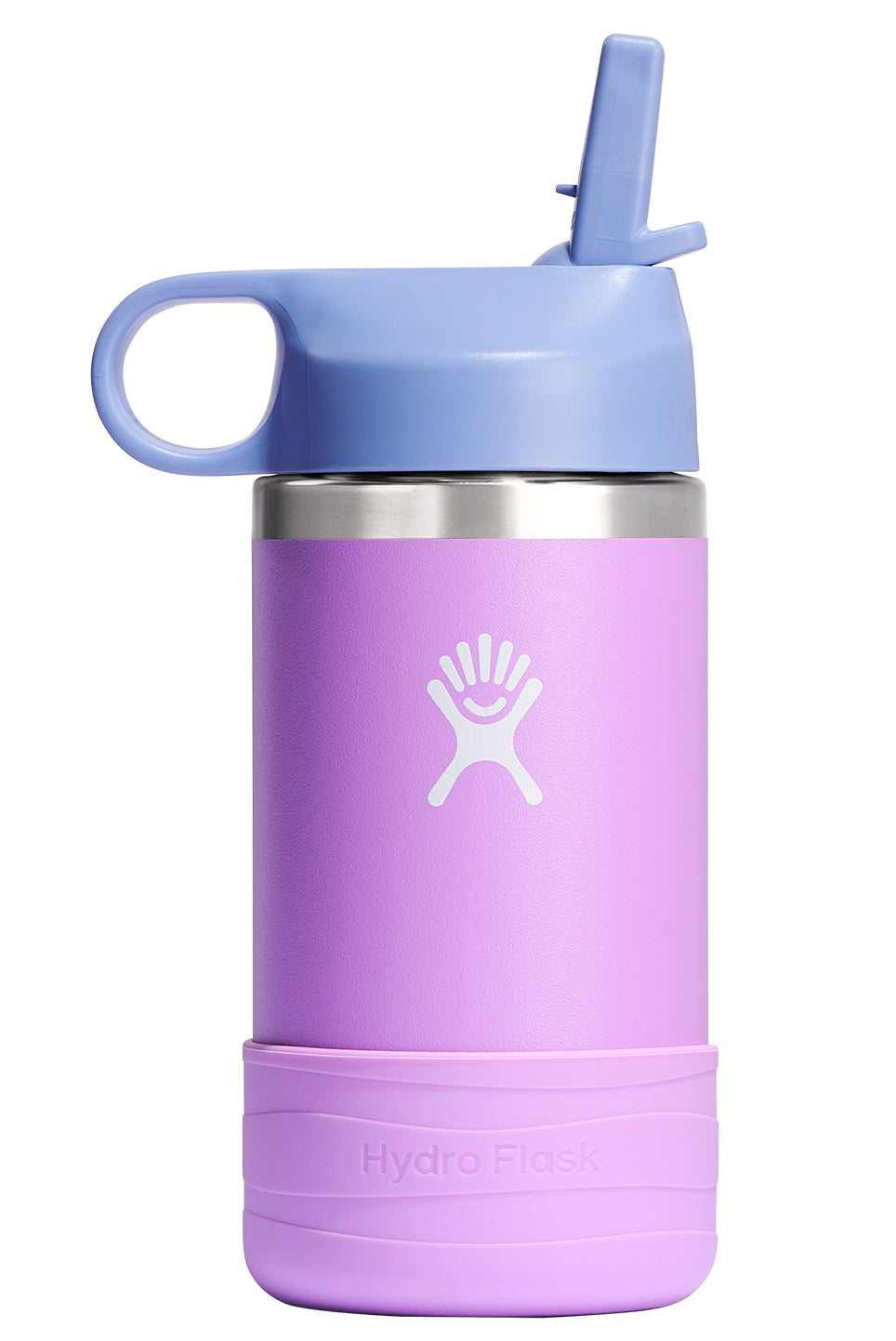 Purple and blue stainless steel water bottle with a straw and handle.