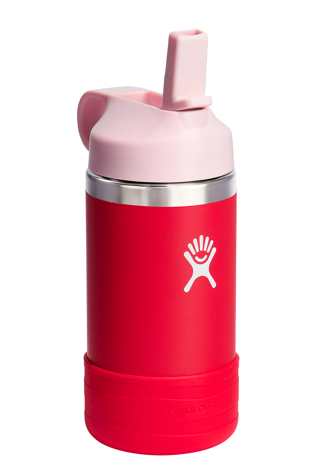 Red insulated bottle with pink lid and straw.