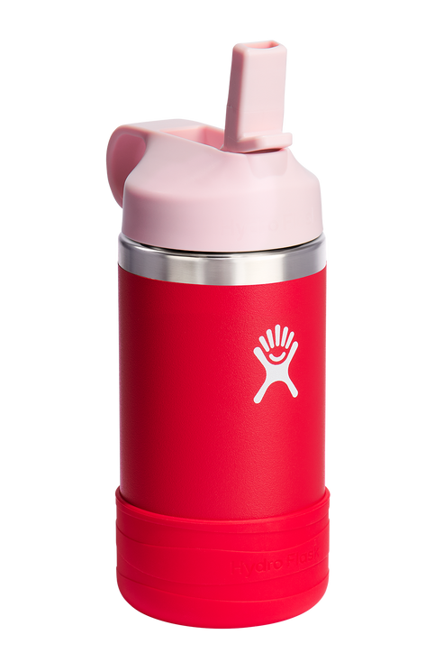 Red insulated bottle with pink lid and straw.