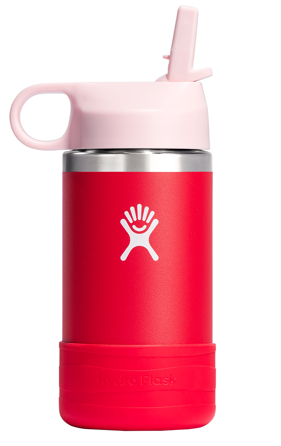 Red stainless steel water bottle with white logo and pink lid with straw.