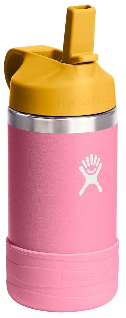 Pink and yellow water bottle with a straw.