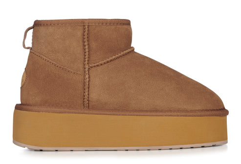 Short brown suede boot with a thick platform sole.
