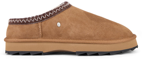 A brown slipper with a treaded sole and decorative stitching.
