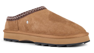 Tan colored suede clog-style slipper with brown and white zig-zag patterned trim.