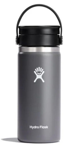 A gray water bottle with a black cap and handle has a white logo.