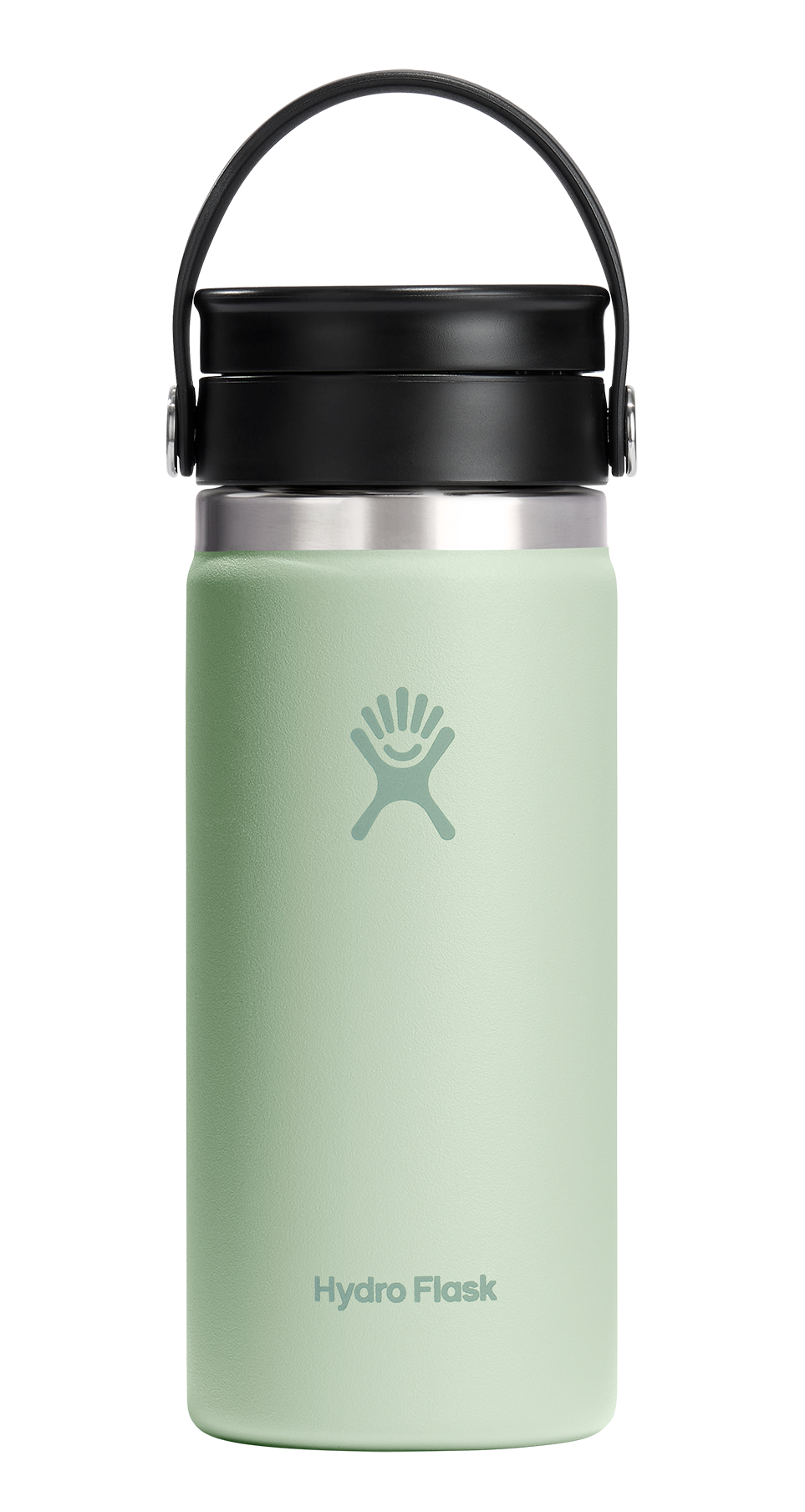 Mint green water bottle with black lid and handle.